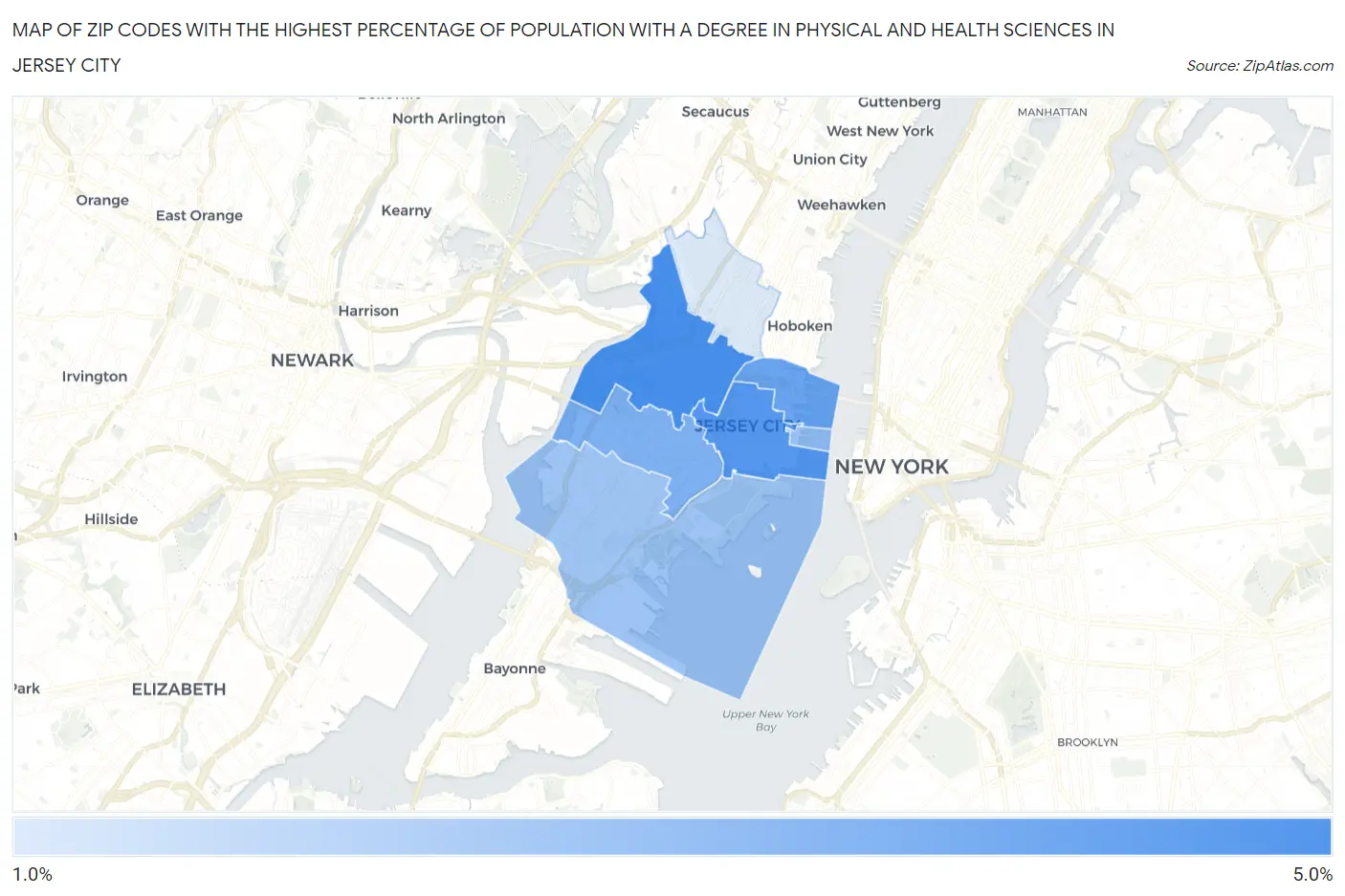 Zip Codes with the Highest Percentage of Population with a Degree in Physical and Health Sciences in Jersey City Map