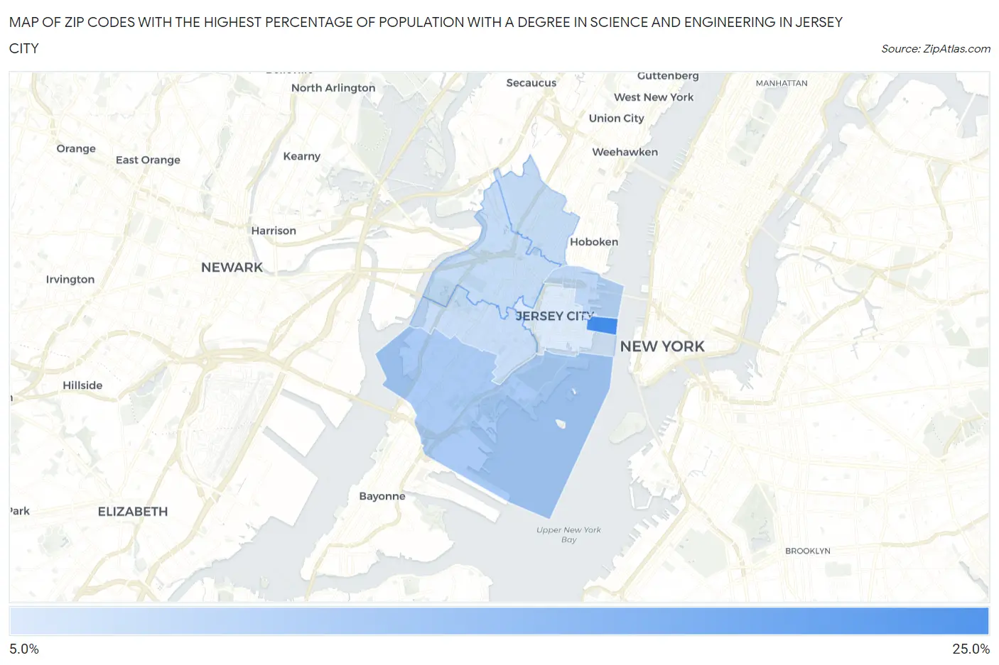 Zip Codes with the Highest Percentage of Population with a Degree in Science and Engineering in Jersey City Map