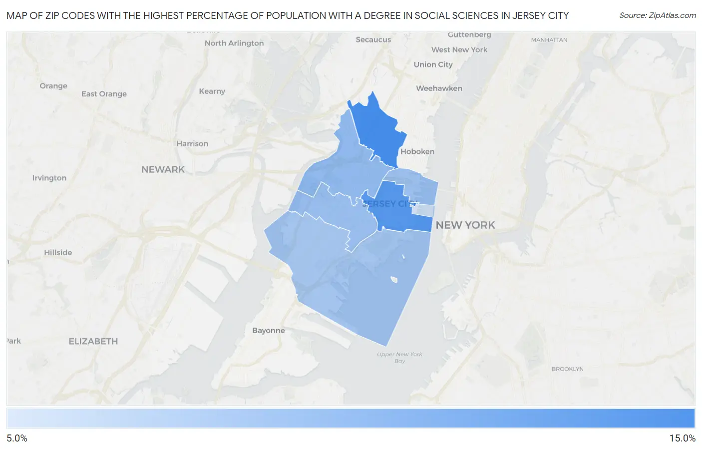 Zip Codes with the Highest Percentage of Population with a Degree in Social Sciences in Jersey City Map