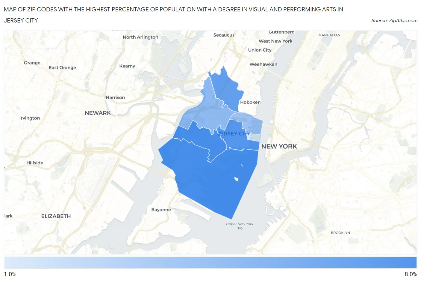 Zip Codes with the Highest Percentage of Population with a Degree in Visual and Performing Arts in Jersey City Map