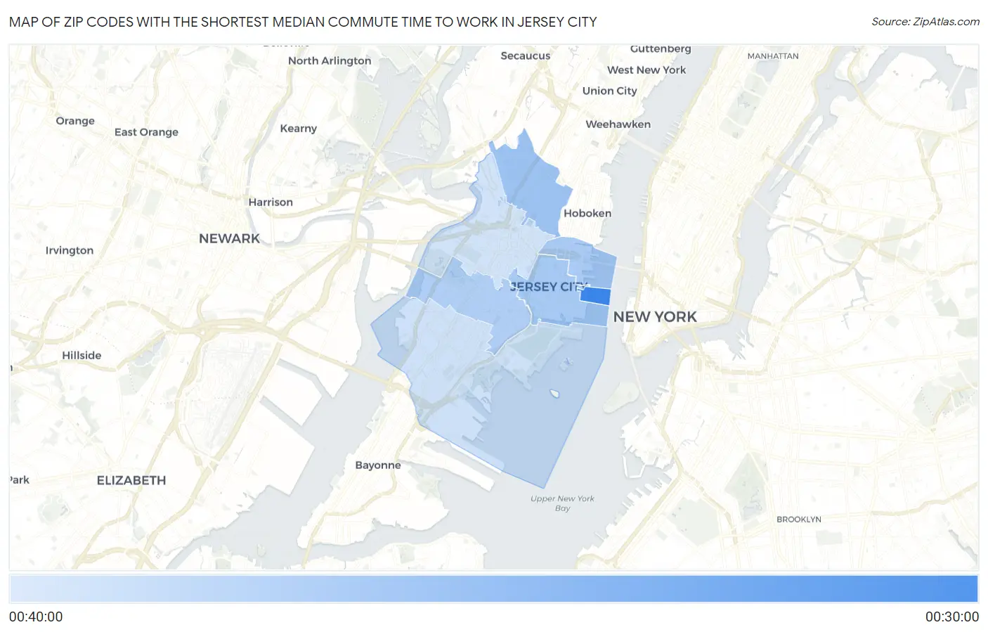 Zip Codes with the Shortest Median Commute Time to Work in Jersey City Map