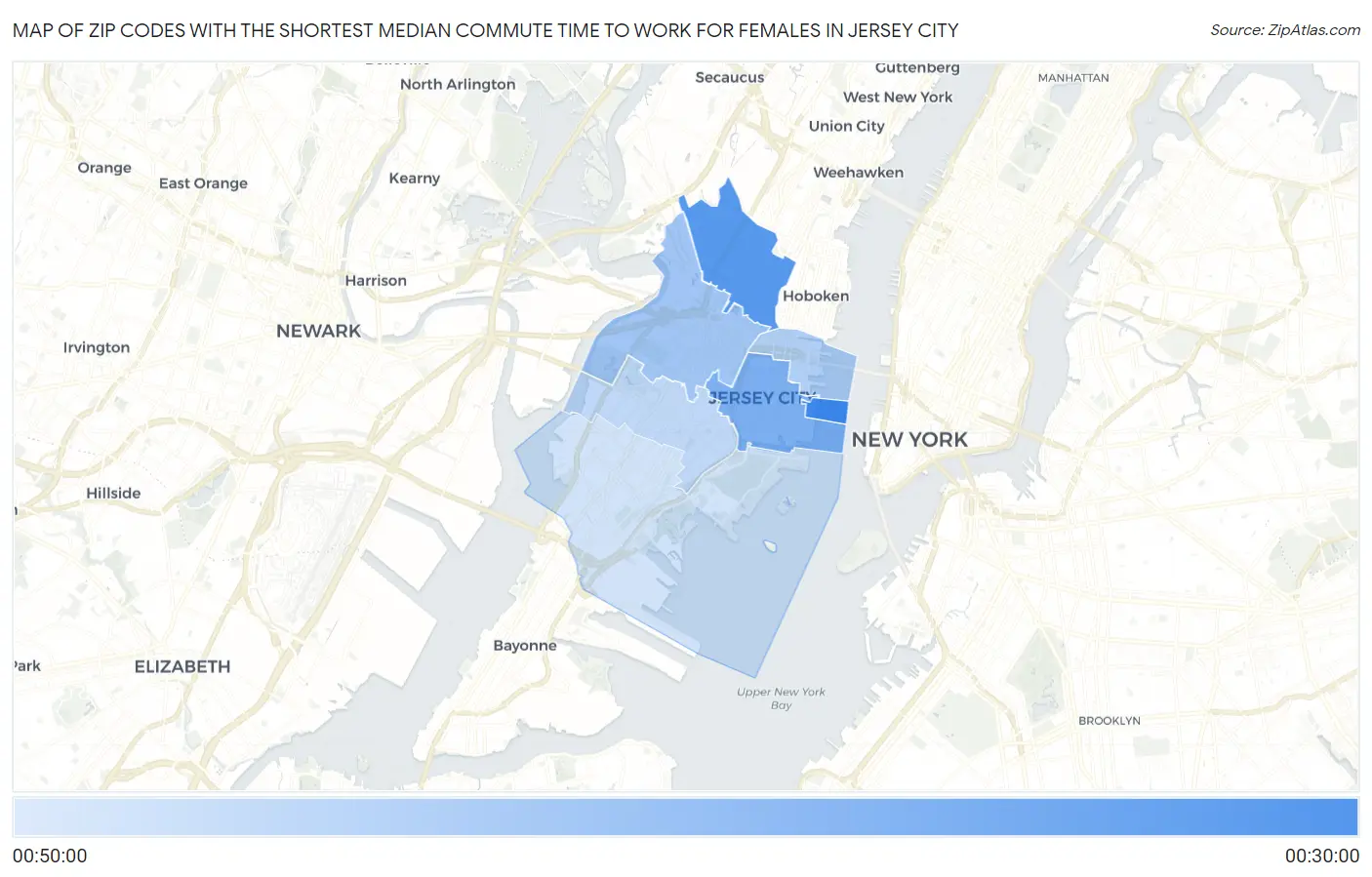 Zip Codes with the Shortest Median Commute Time to Work for Females in Jersey City Map