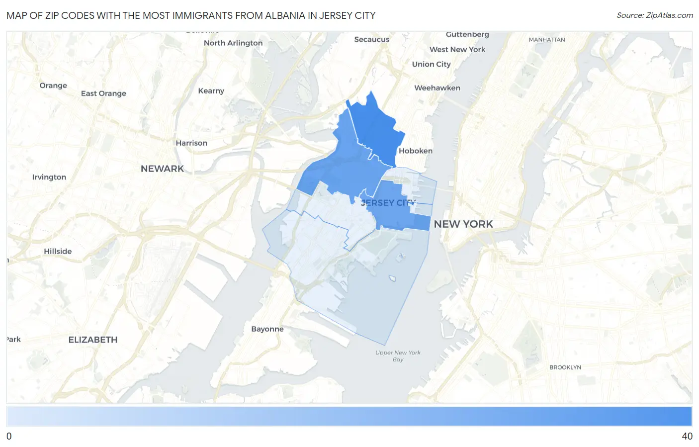Zip Codes with the Most Immigrants from Albania in Jersey City Map