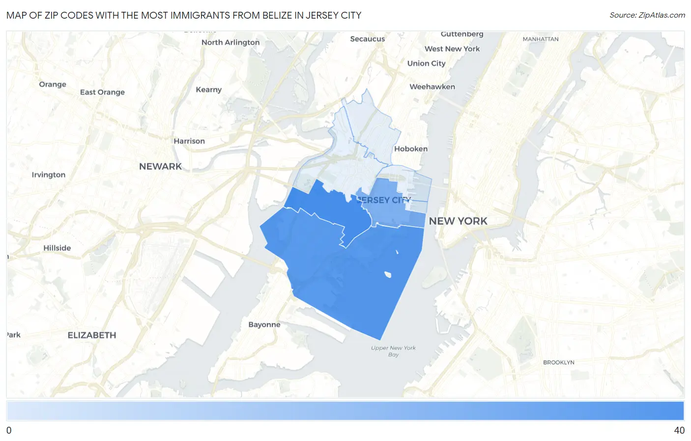 Zip Codes with the Most Immigrants from Belize in Jersey City Map