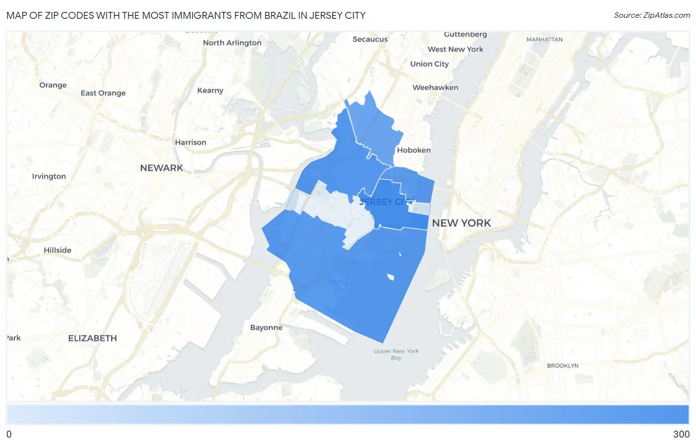 Zip Codes with the Most Immigrants from Brazil in Jersey City Map