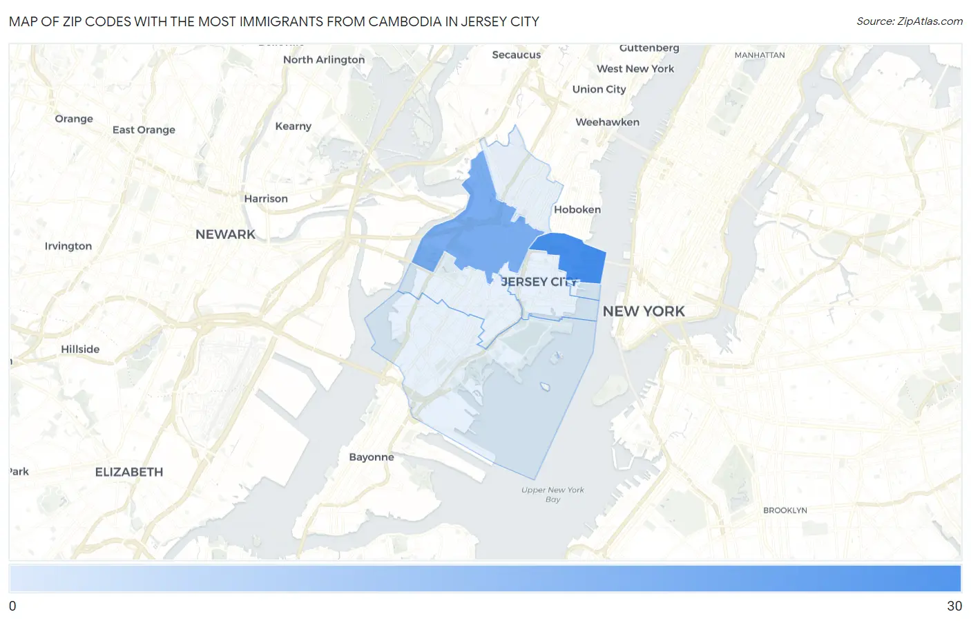 Zip Codes with the Most Immigrants from Cambodia in Jersey City Map