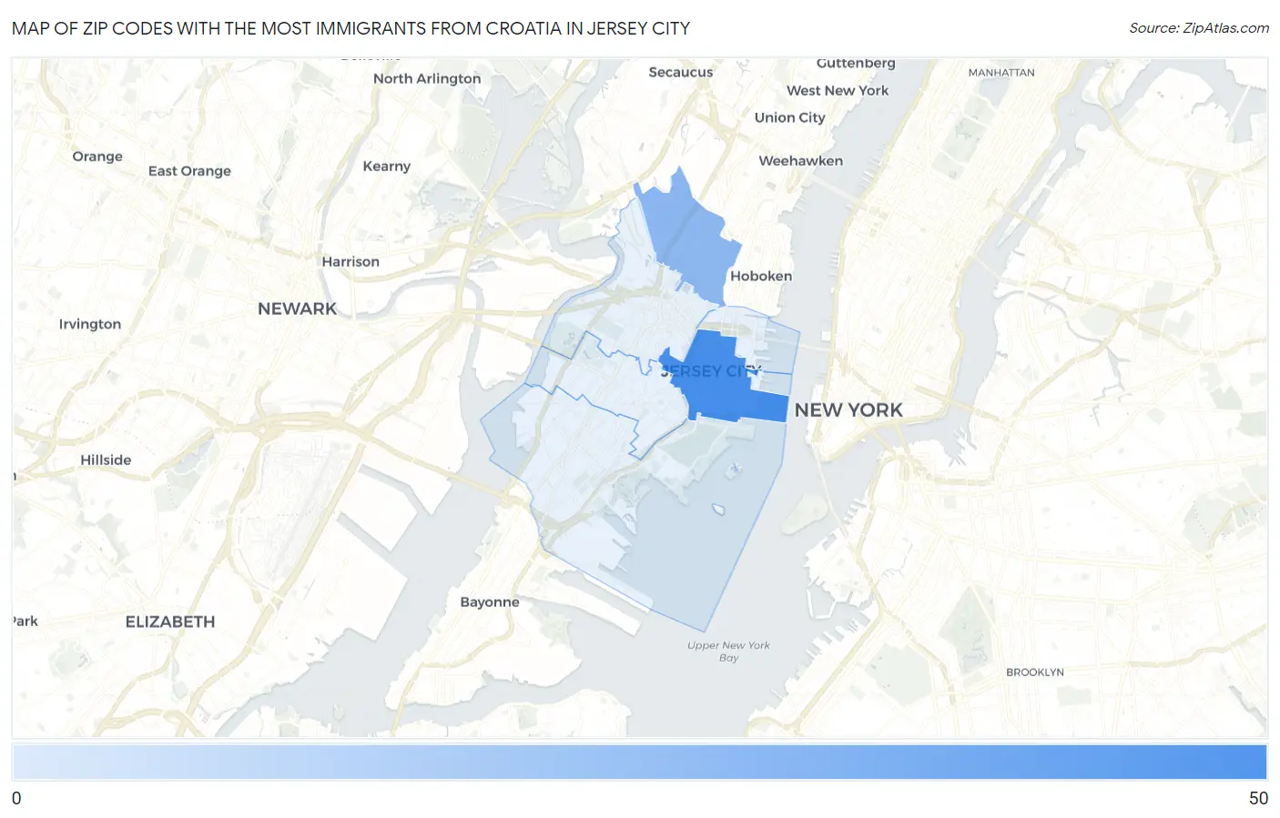 Zip Codes with the Most Immigrants from Croatia in Jersey City Map