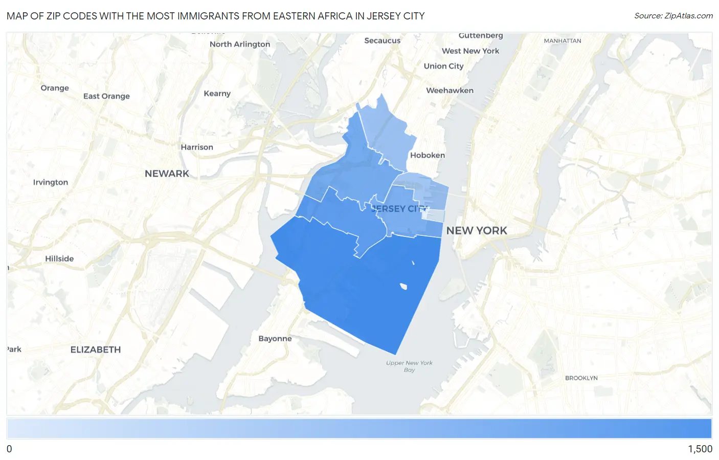 Zip Codes with the Most Immigrants from Eastern Africa in Jersey City Map
