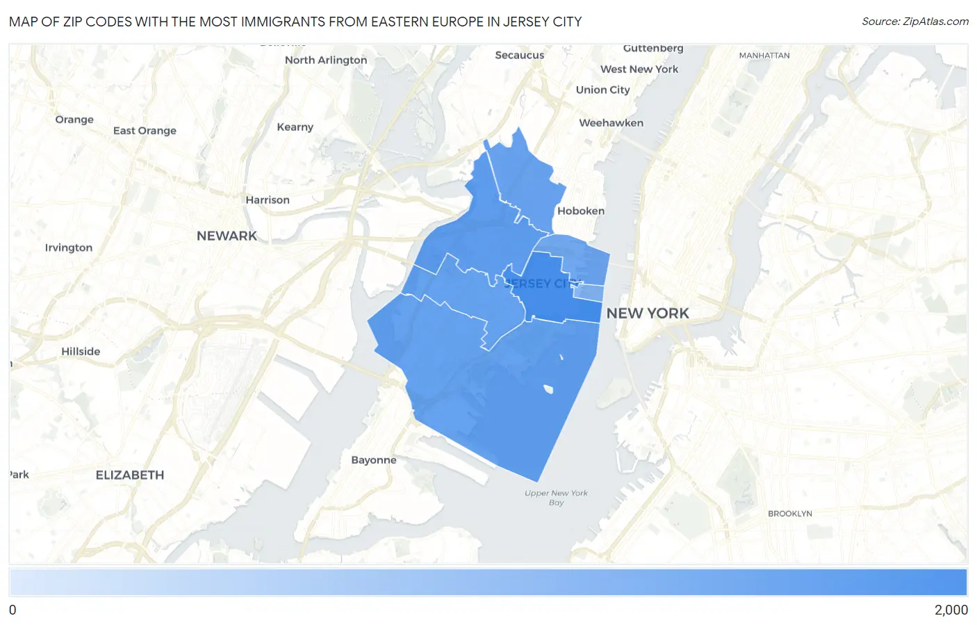 Zip Codes with the Most Immigrants from Eastern Europe in Jersey City Map