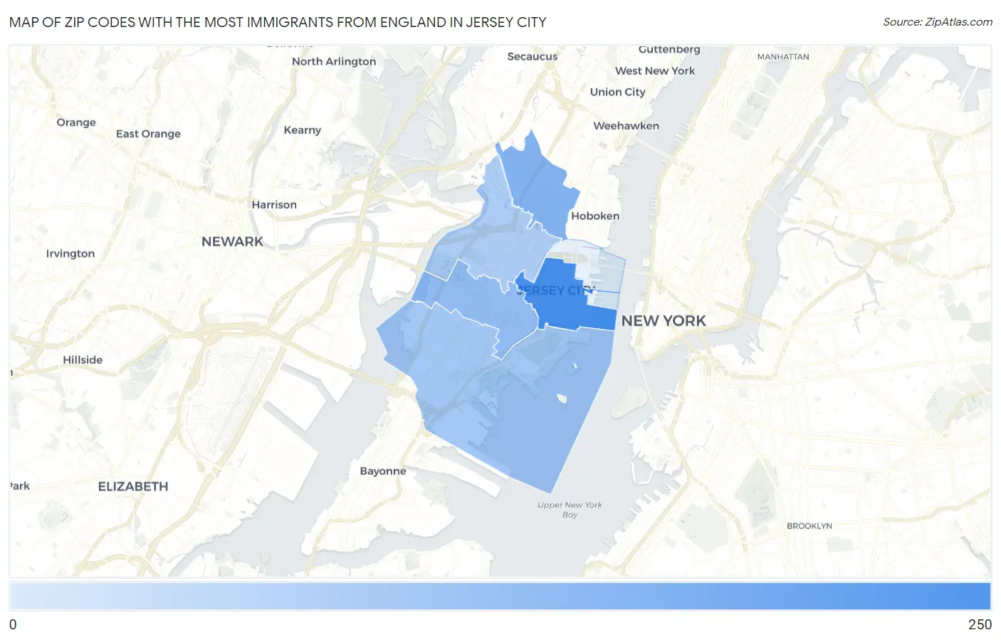 Zip Codes with the Most Immigrants from England in Jersey City Map