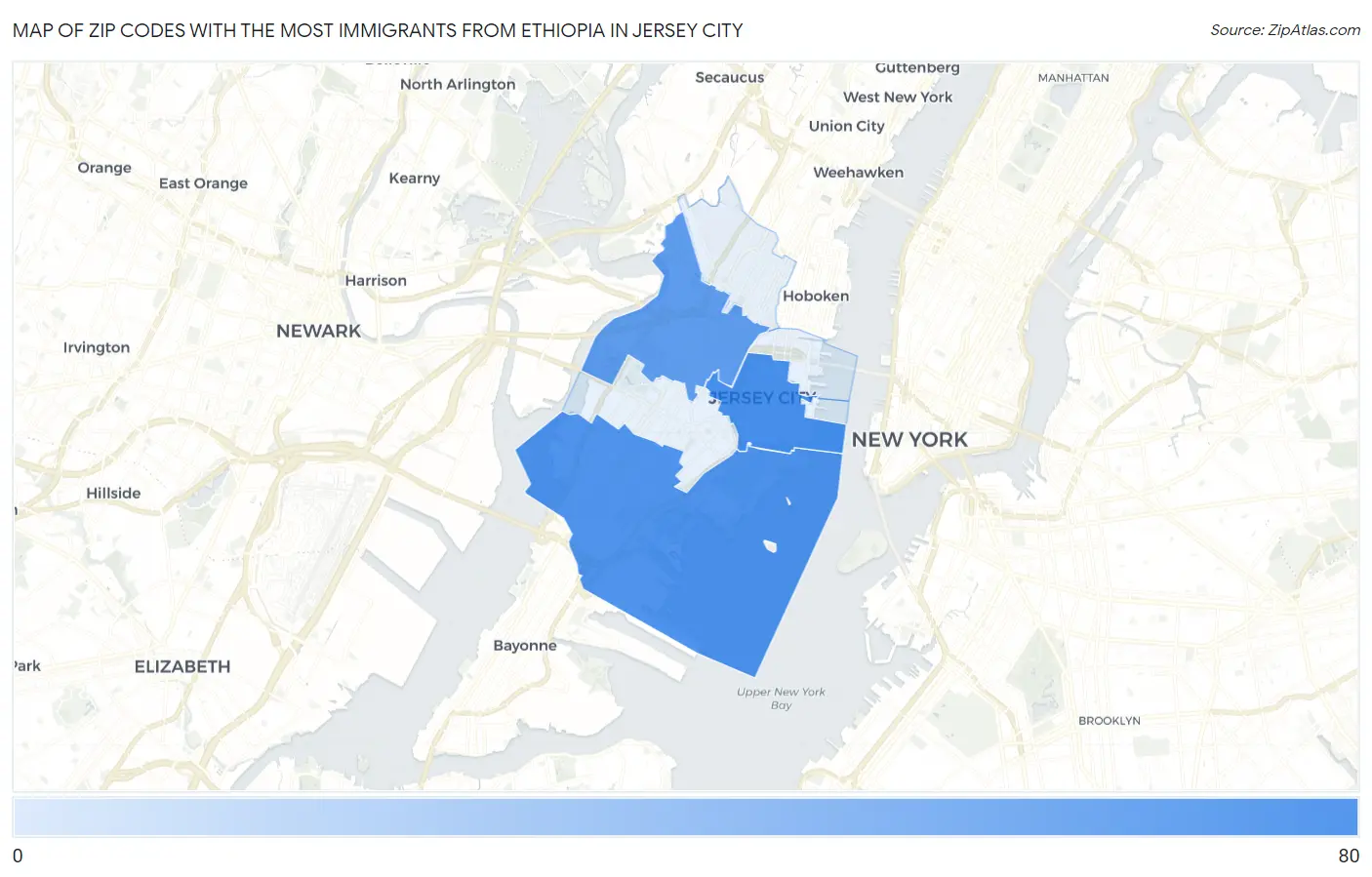 Zip Codes with the Most Immigrants from Ethiopia in Jersey City Map