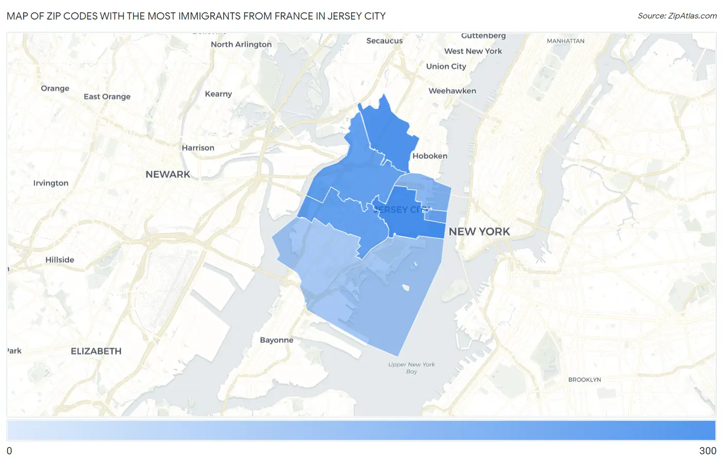 Zip Codes with the Most Immigrants from France in Jersey City Map