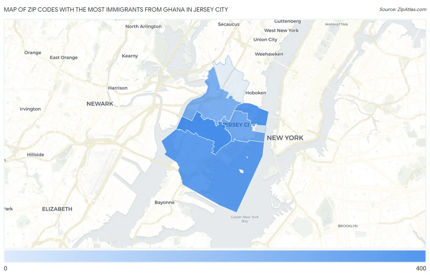 Zip Codes with the Most Immigrants from Ghana in Jersey City Map