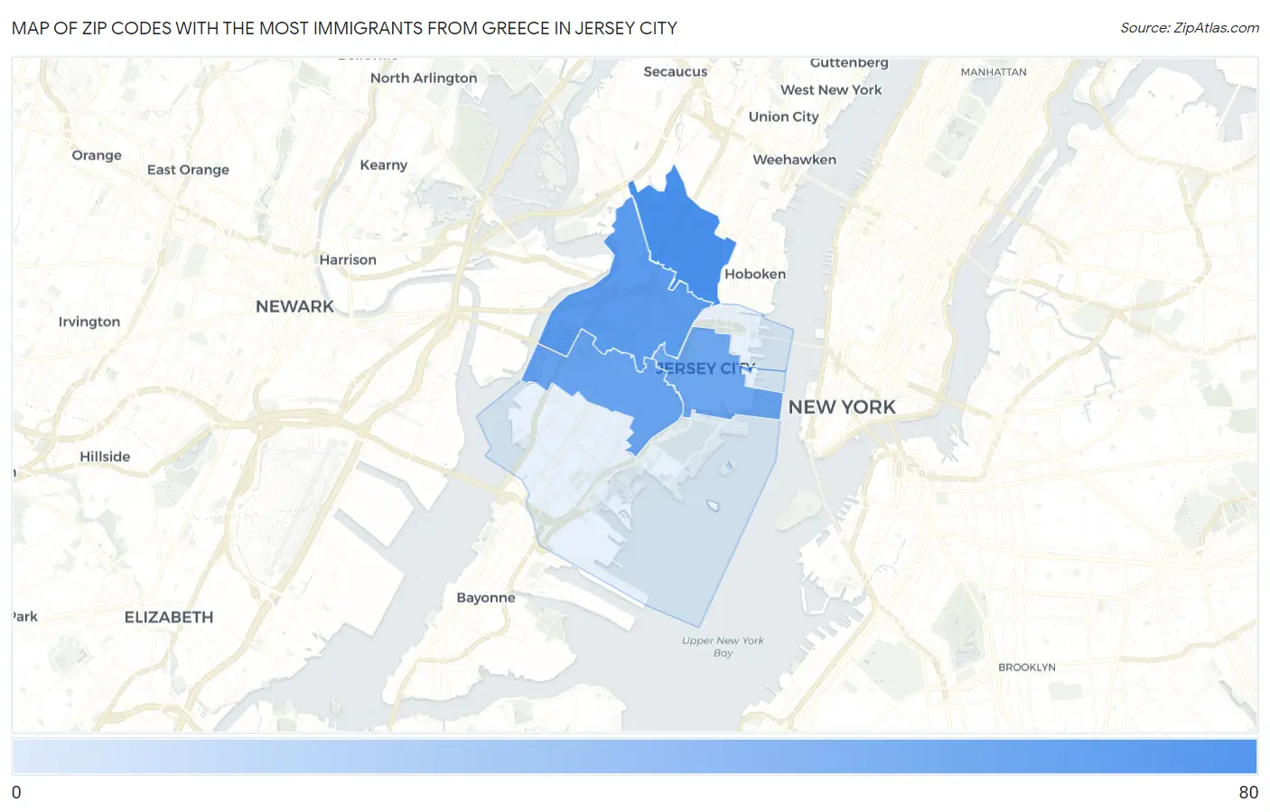Zip Codes with the Most Immigrants from Greece in Jersey City Map