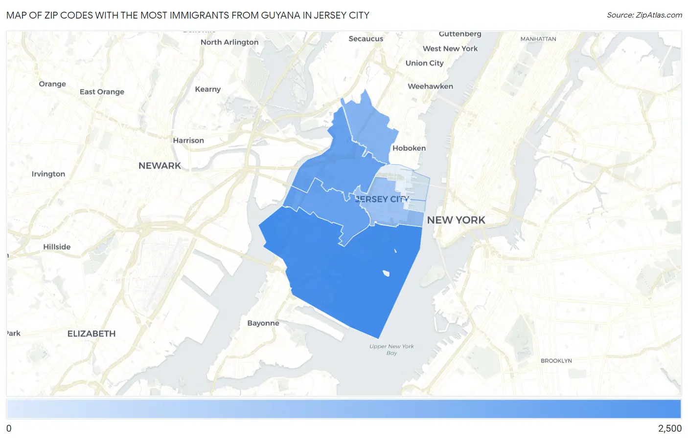 Zip Codes with the Most Immigrants from Guyana in Jersey City Map
