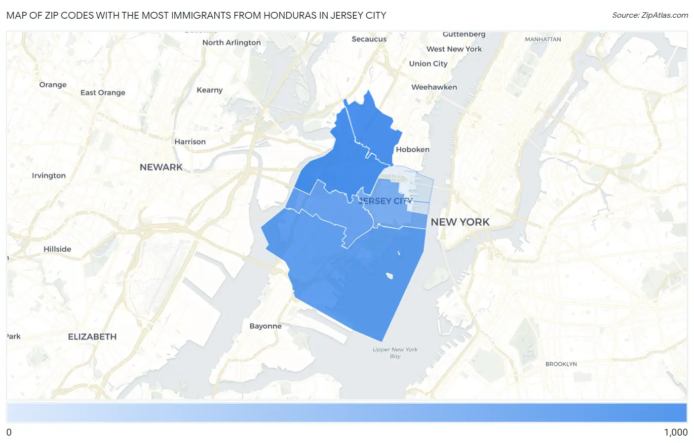 Zip Codes with the Most Immigrants from Honduras in Jersey City Map