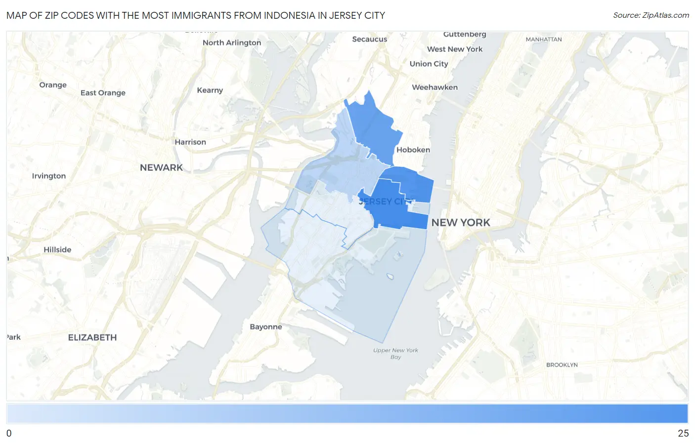 Zip Codes with the Most Immigrants from Indonesia in Jersey City Map