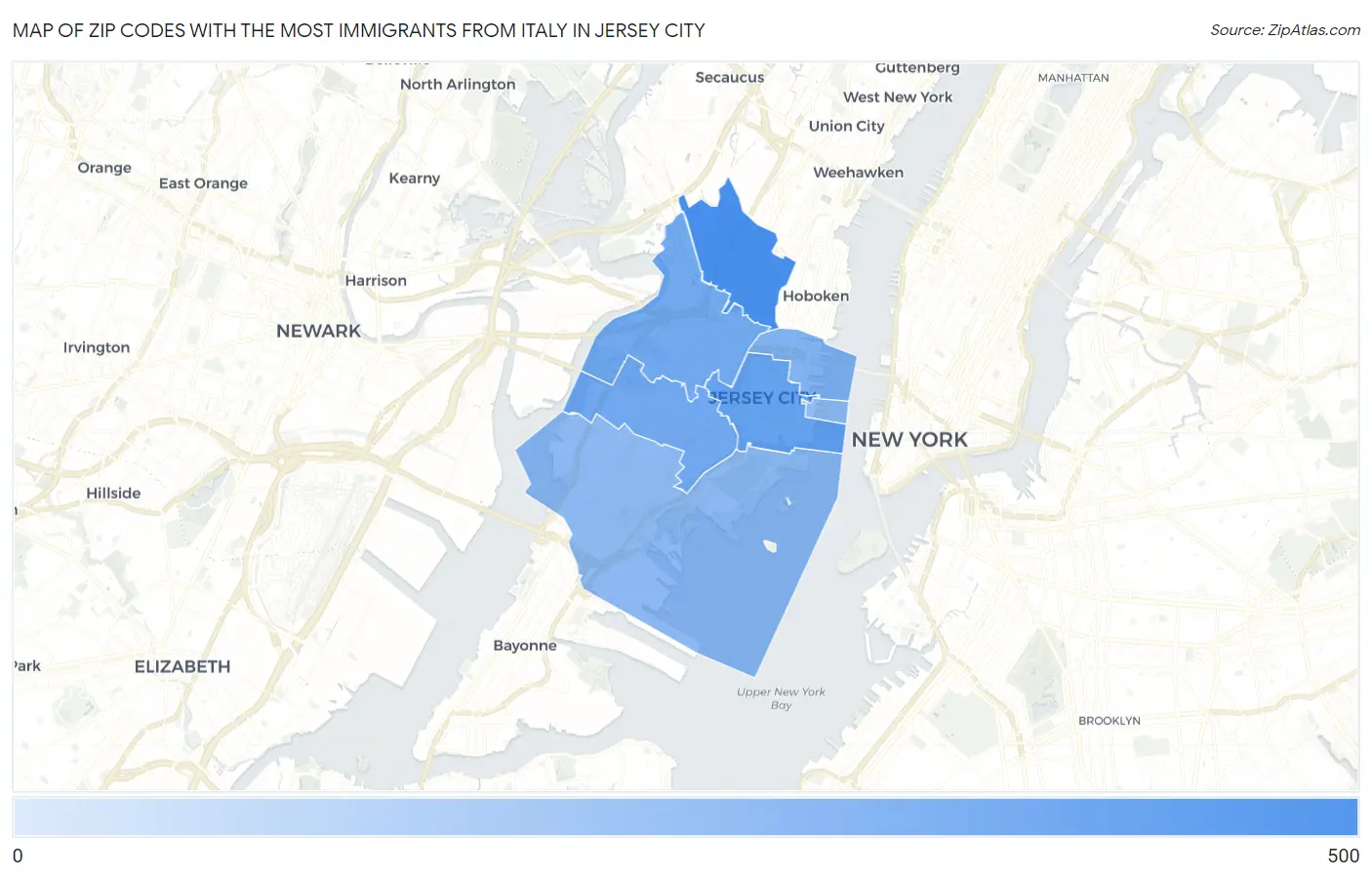 Zip Codes with the Most Immigrants from Italy in Jersey City Map