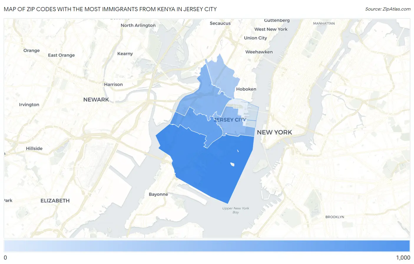Zip Codes with the Most Immigrants from Kenya in Jersey City Map
