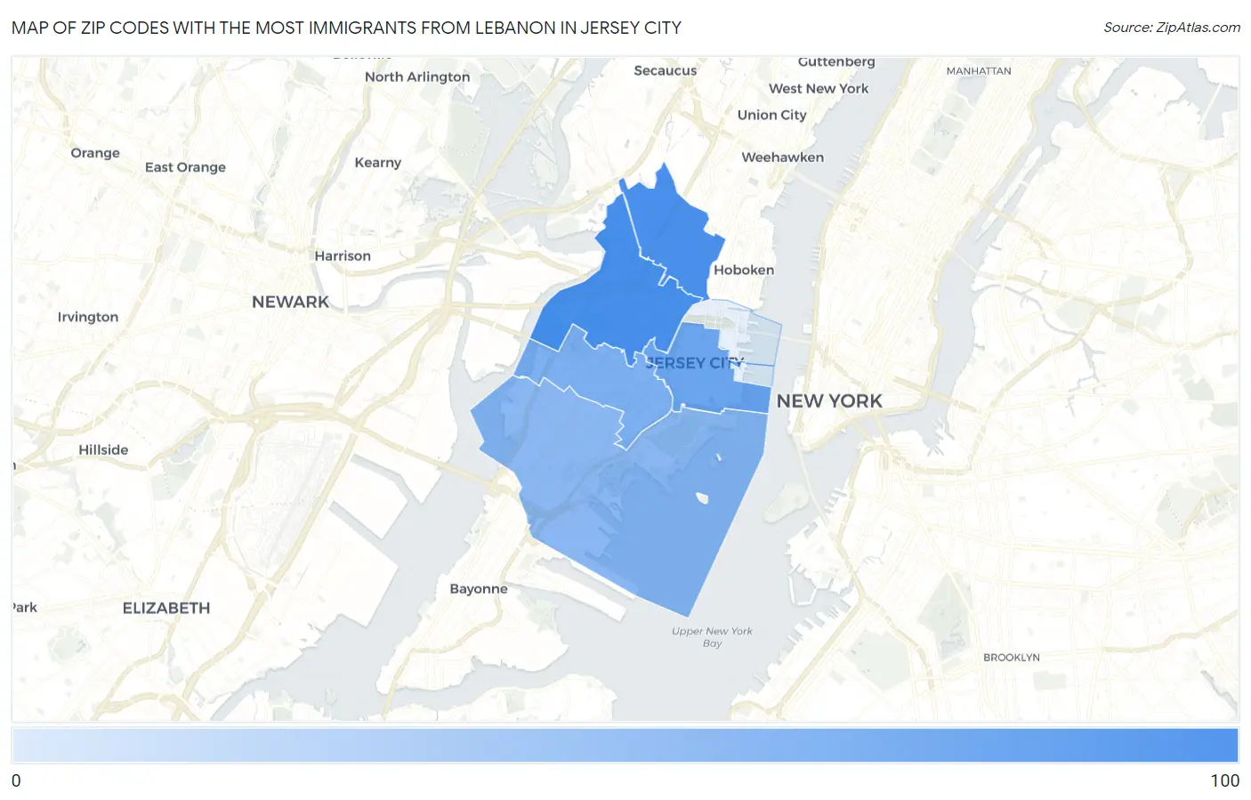 Zip Codes with the Most Immigrants from Lebanon in Jersey City Map