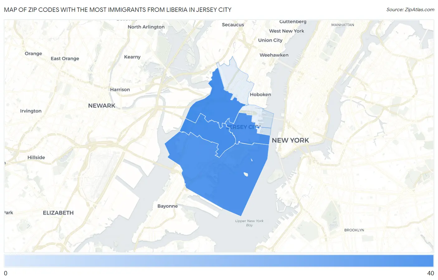 Zip Codes with the Most Immigrants from Liberia in Jersey City Map