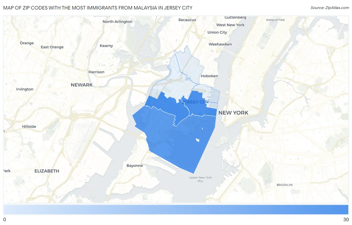 Zip Codes with the Most Immigrants from Malaysia in Jersey City Map