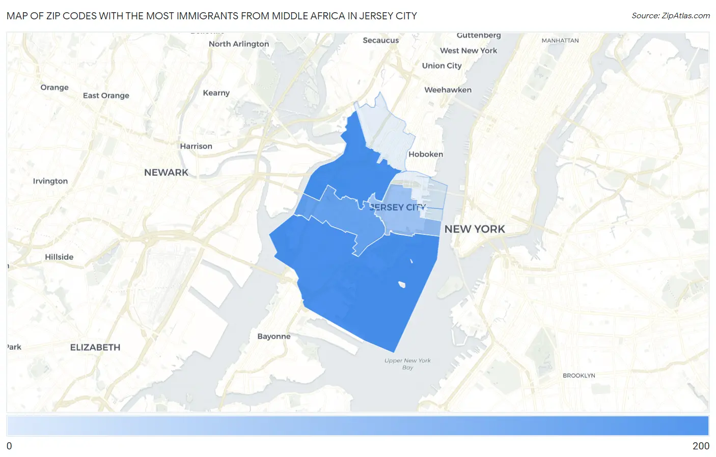 Zip Codes with the Most Immigrants from Middle Africa in Jersey City Map