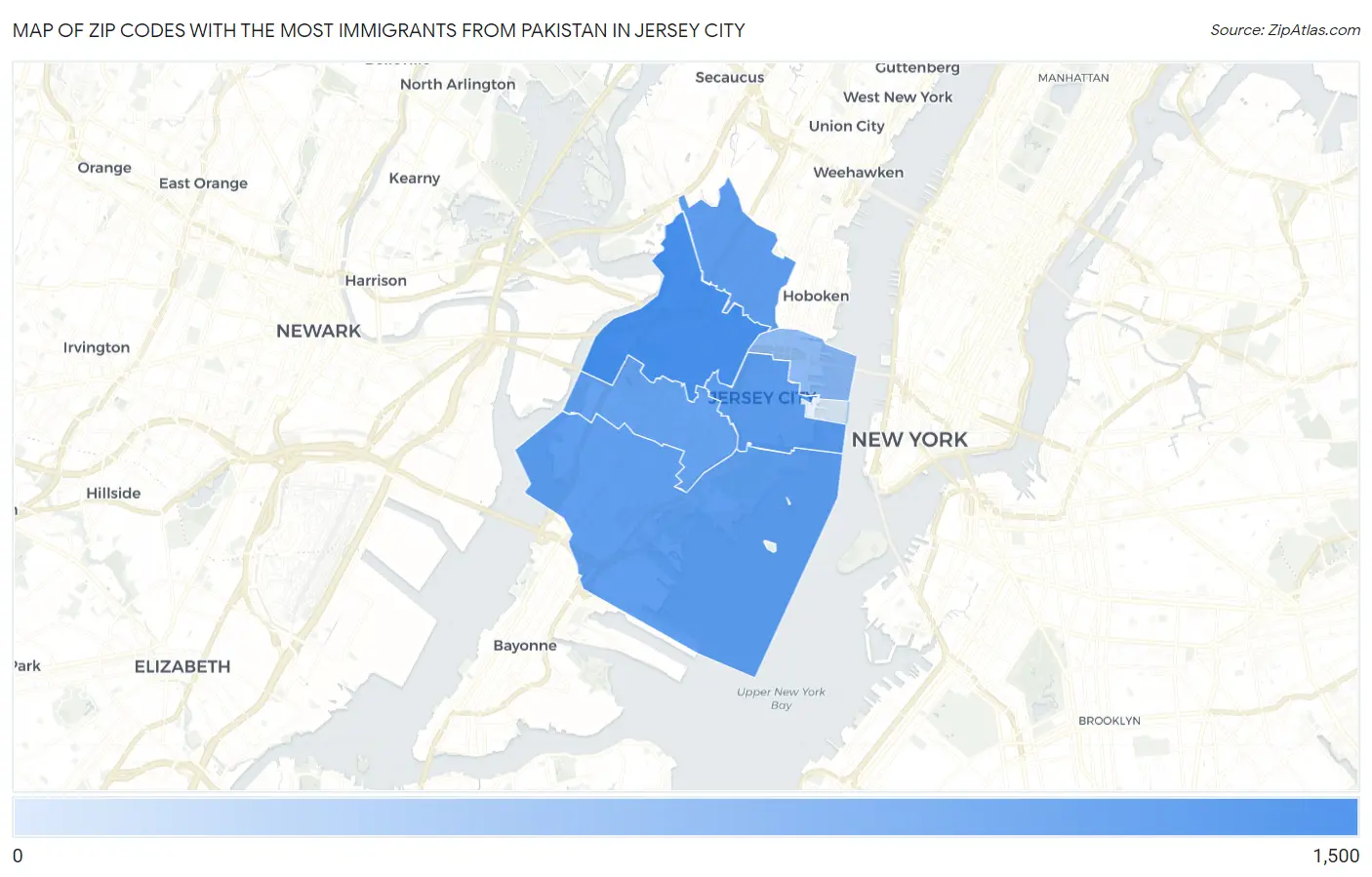 Zip Codes with the Most Immigrants from Pakistan in Jersey City Map