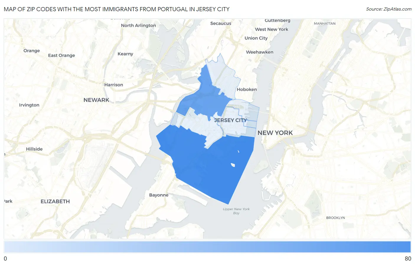 Zip Codes with the Most Immigrants from Portugal in Jersey City Map