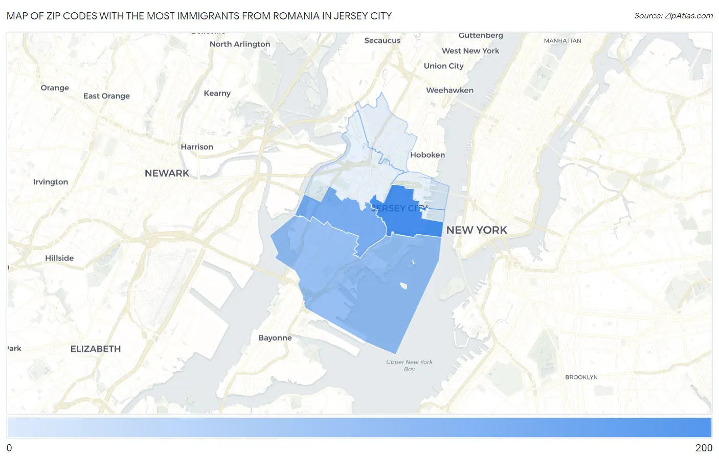 Zip Codes with the Most Immigrants from Romania in Jersey City Map