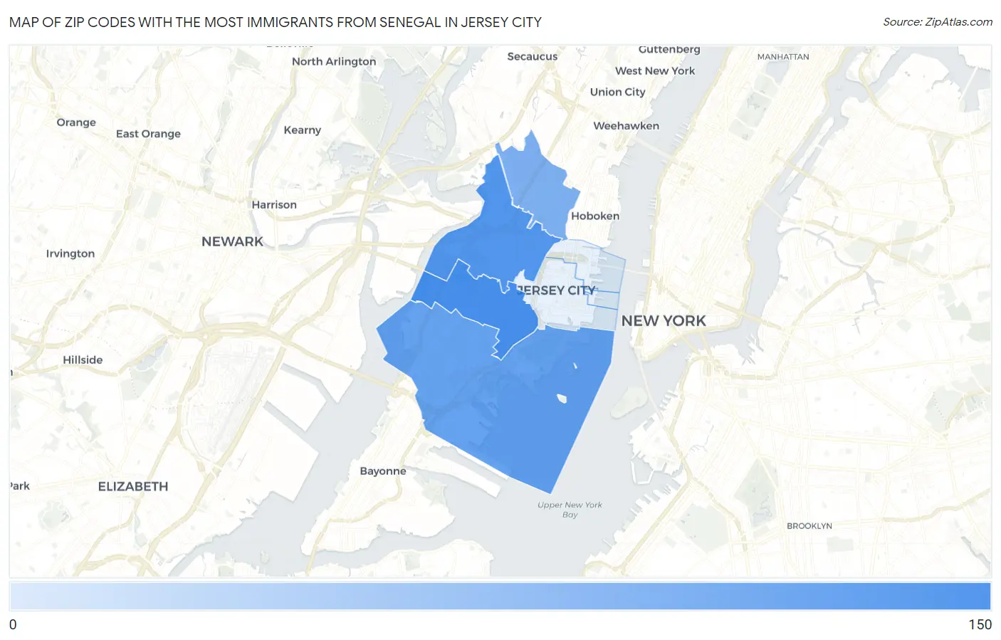 Zip Codes with the Most Immigrants from Senegal in Jersey City Map