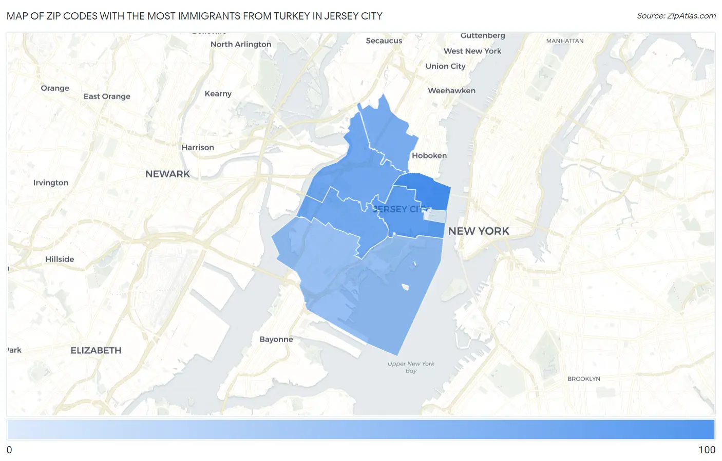 Zip Codes with the Most Immigrants from Turkey in Jersey City Map