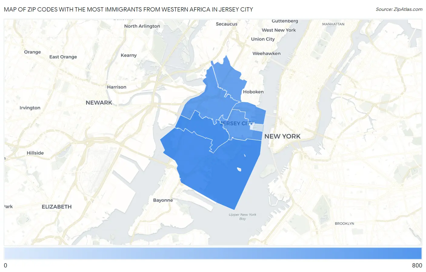 Zip Codes with the Most Immigrants from Western Africa in Jersey City Map
