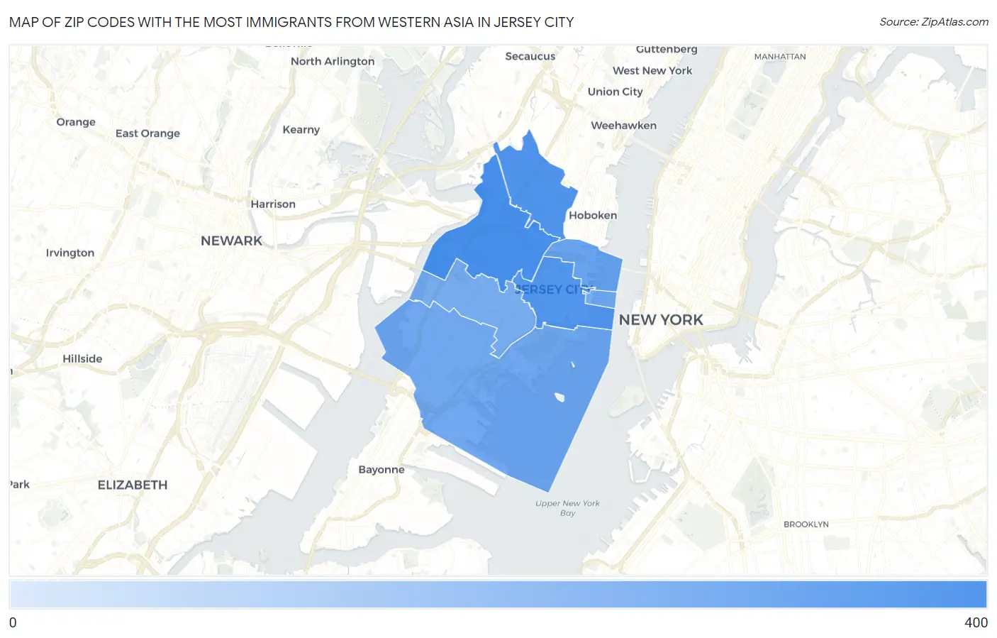 Zip Codes with the Most Immigrants from Western Asia in Jersey City Map