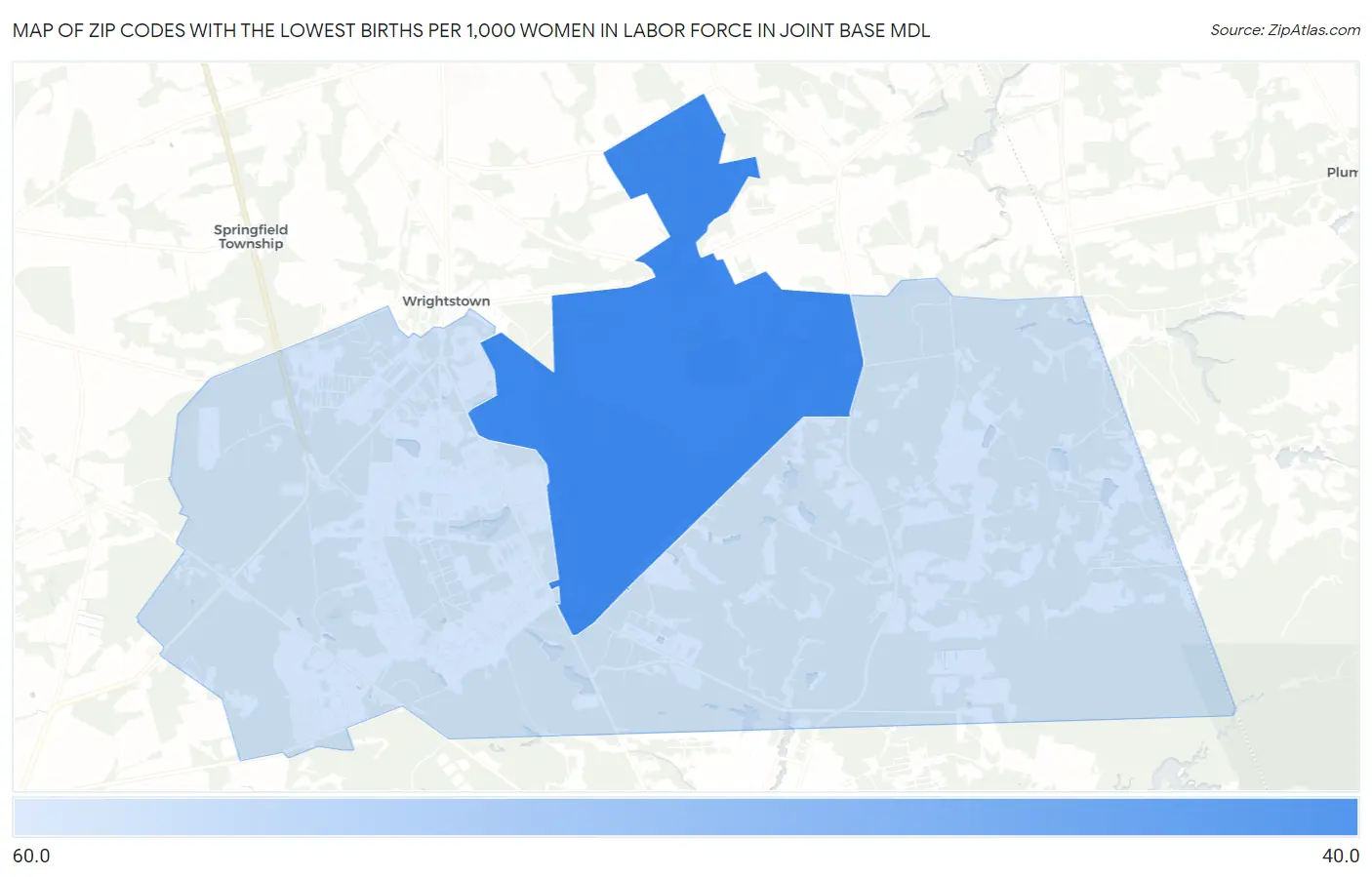 Zip Codes with the Lowest Births per 1,000 Women in Labor Force in Joint Base Mdl Map