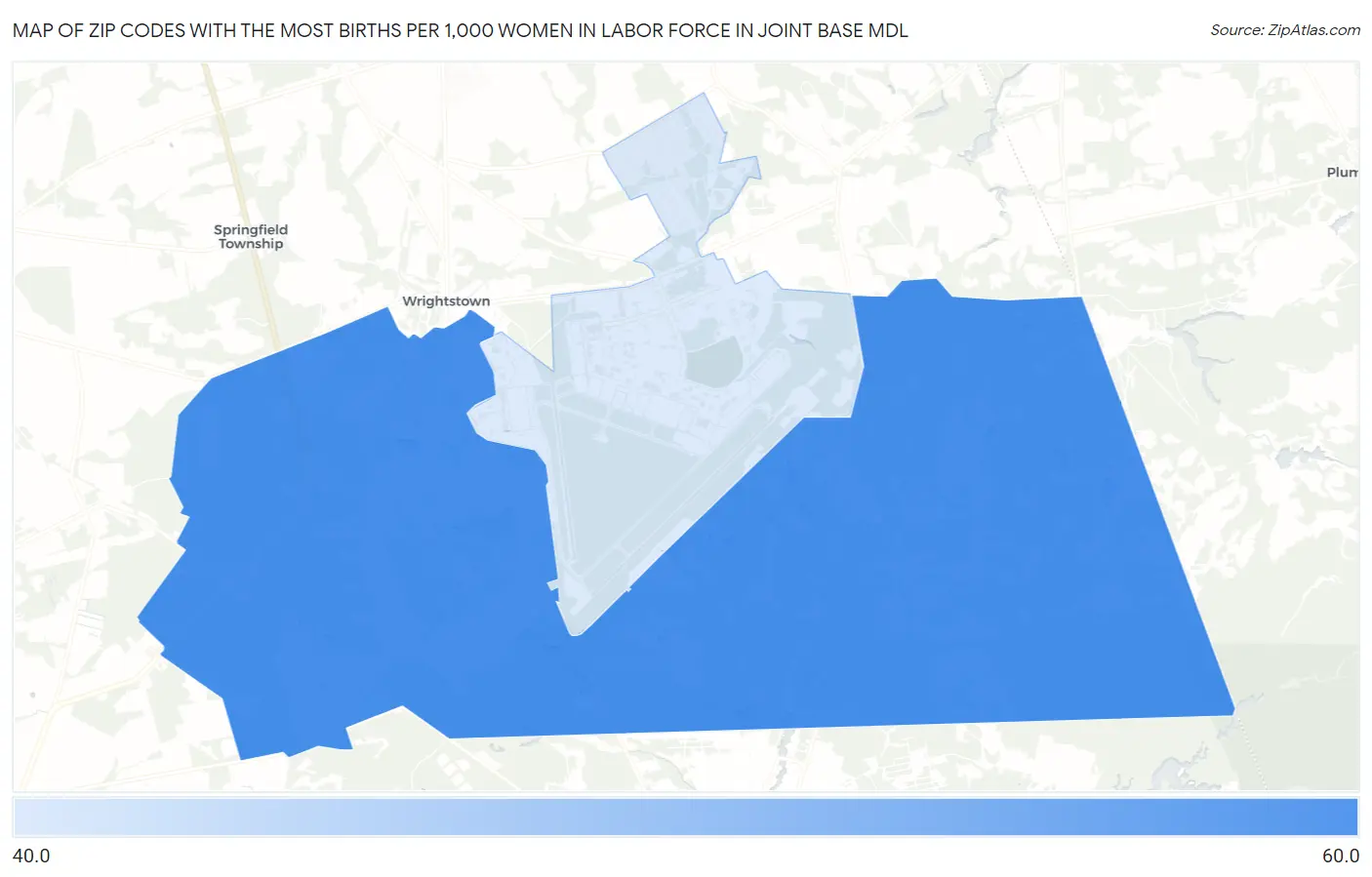 Zip Codes with the Most Births per 1,000 Women in Labor Force in Joint Base Mdl Map
