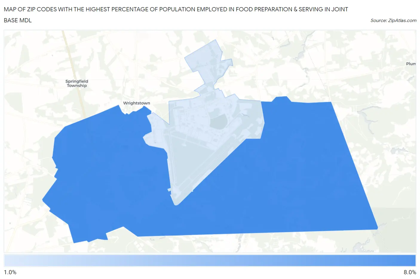 Zip Codes with the Highest Percentage of Population Employed in Food Preparation & Serving in Joint Base Mdl Map