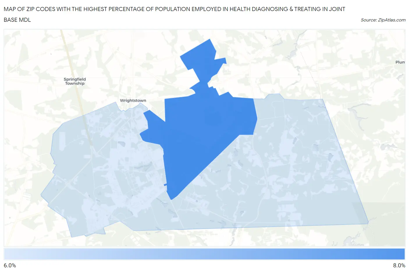 Zip Codes with the Highest Percentage of Population Employed in Health Diagnosing & Treating in Joint Base Mdl Map
