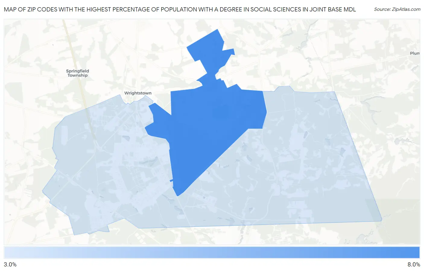 Zip Codes with the Highest Percentage of Population with a Degree in Social Sciences in Joint Base Mdl Map