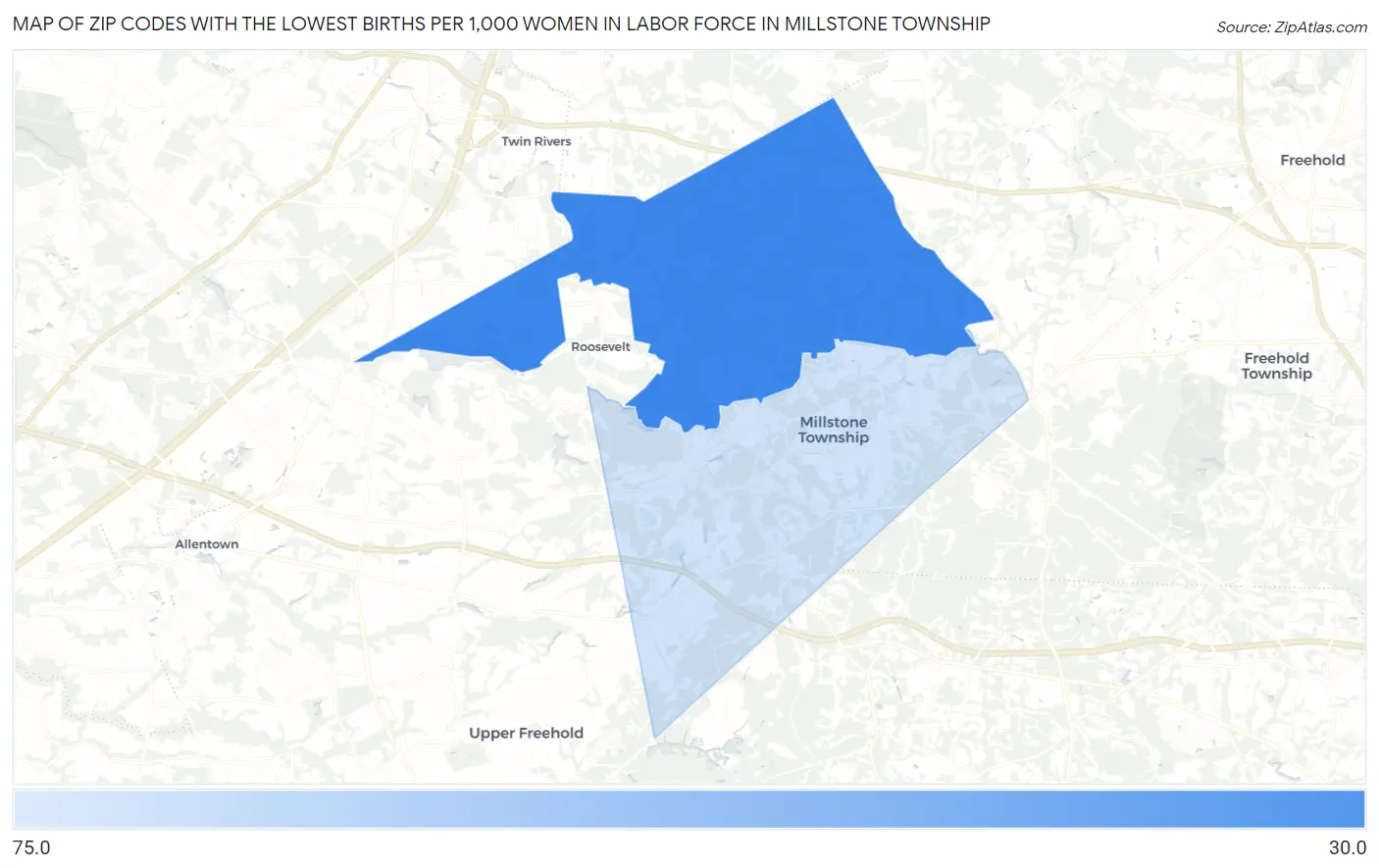 Zip Codes with the Lowest Births per 1,000 Women in Labor Force in Millstone Township Map