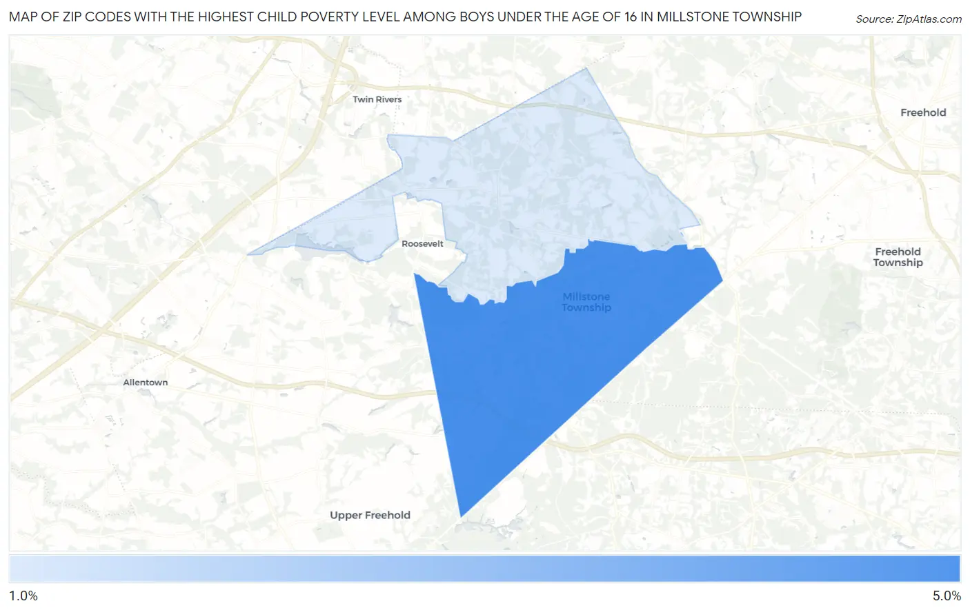 Zip Codes with the Highest Child Poverty Level Among Boys Under the Age of 16 in Millstone Township Map