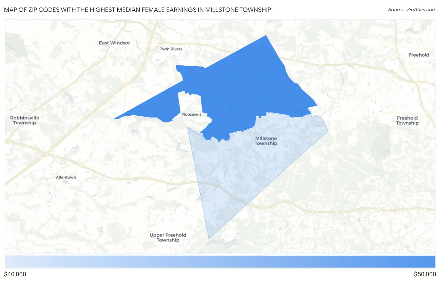 Zip Codes with the Highest Median Female Earnings in Millstone Township Map