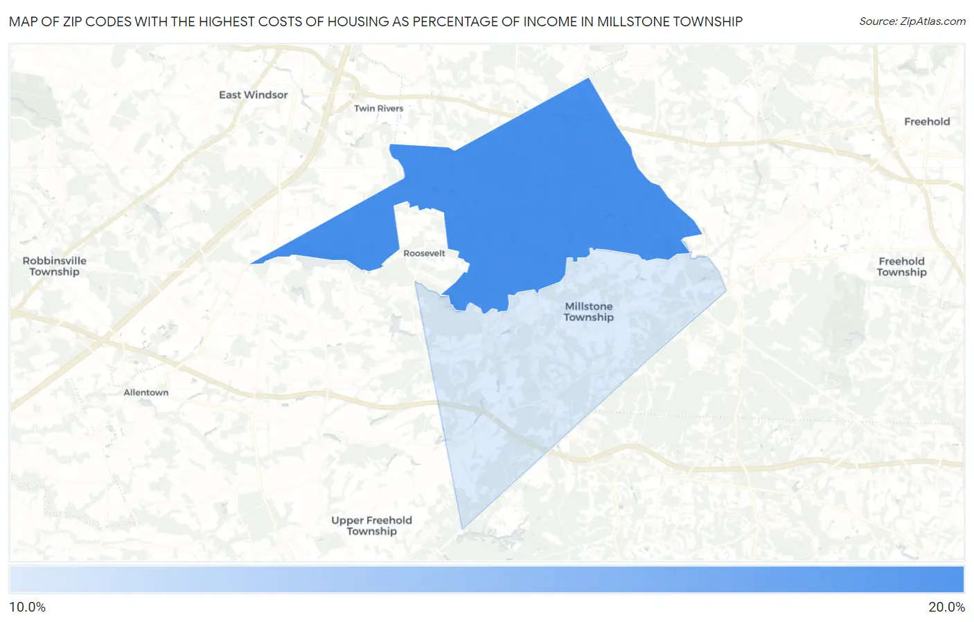 Zip Codes with the Highest Costs of Housing as Percentage of Income in Millstone Township Map