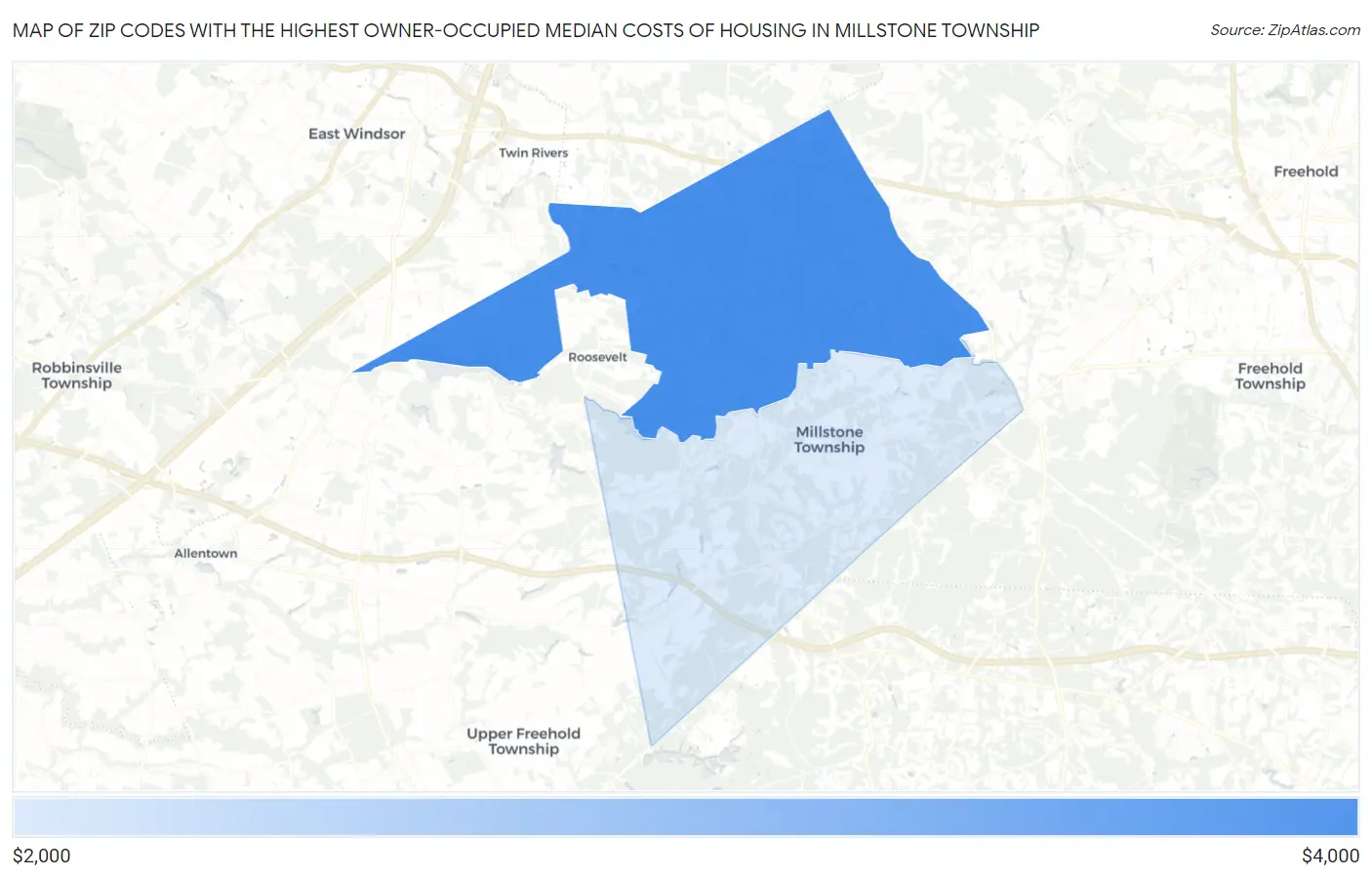 Zip Codes with the Highest Owner-Occupied Median Costs of Housing in Millstone Township Map