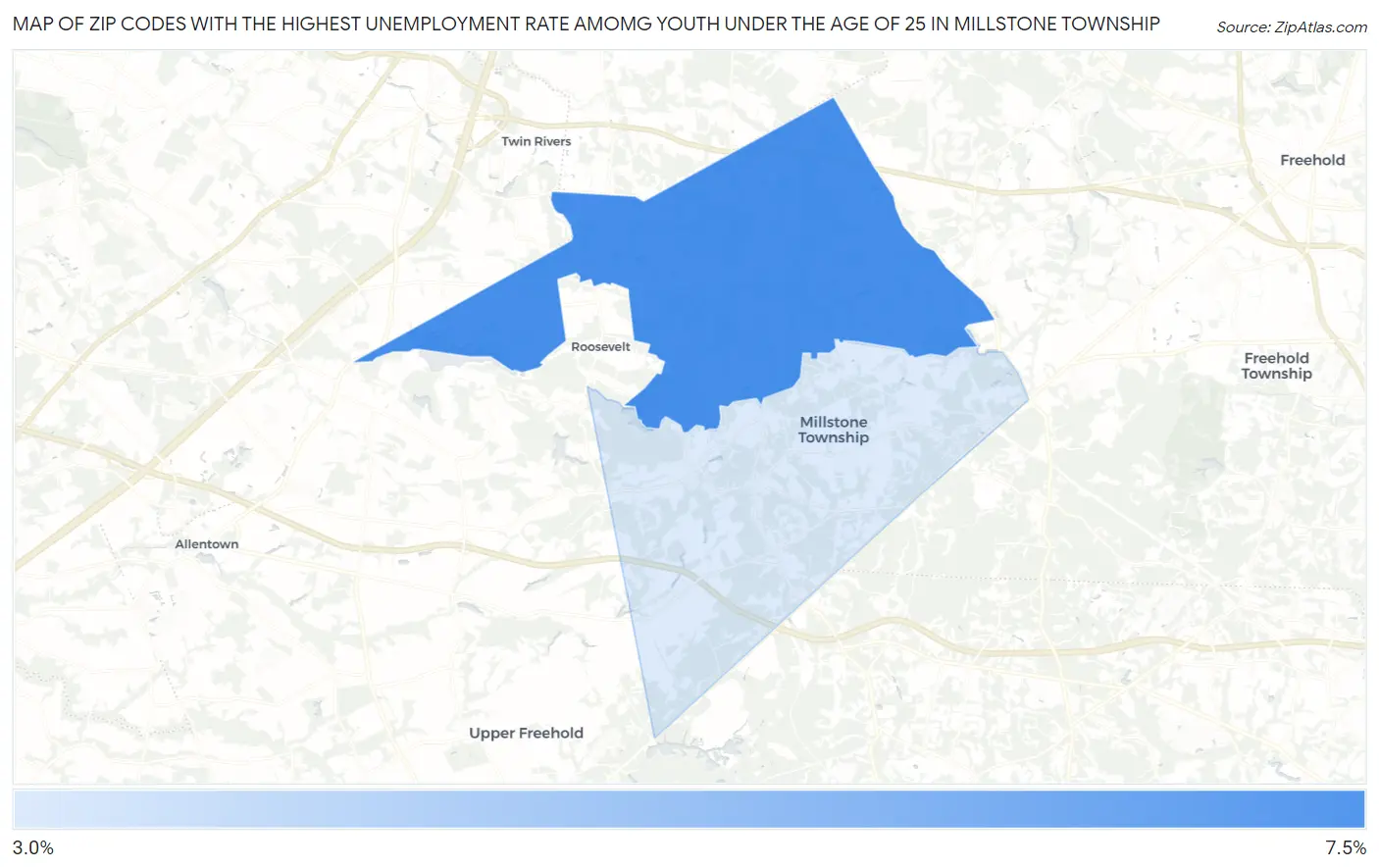 Zip Codes with the Highest Unemployment Rate Amomg Youth Under the Age of 25 in Millstone Township Map