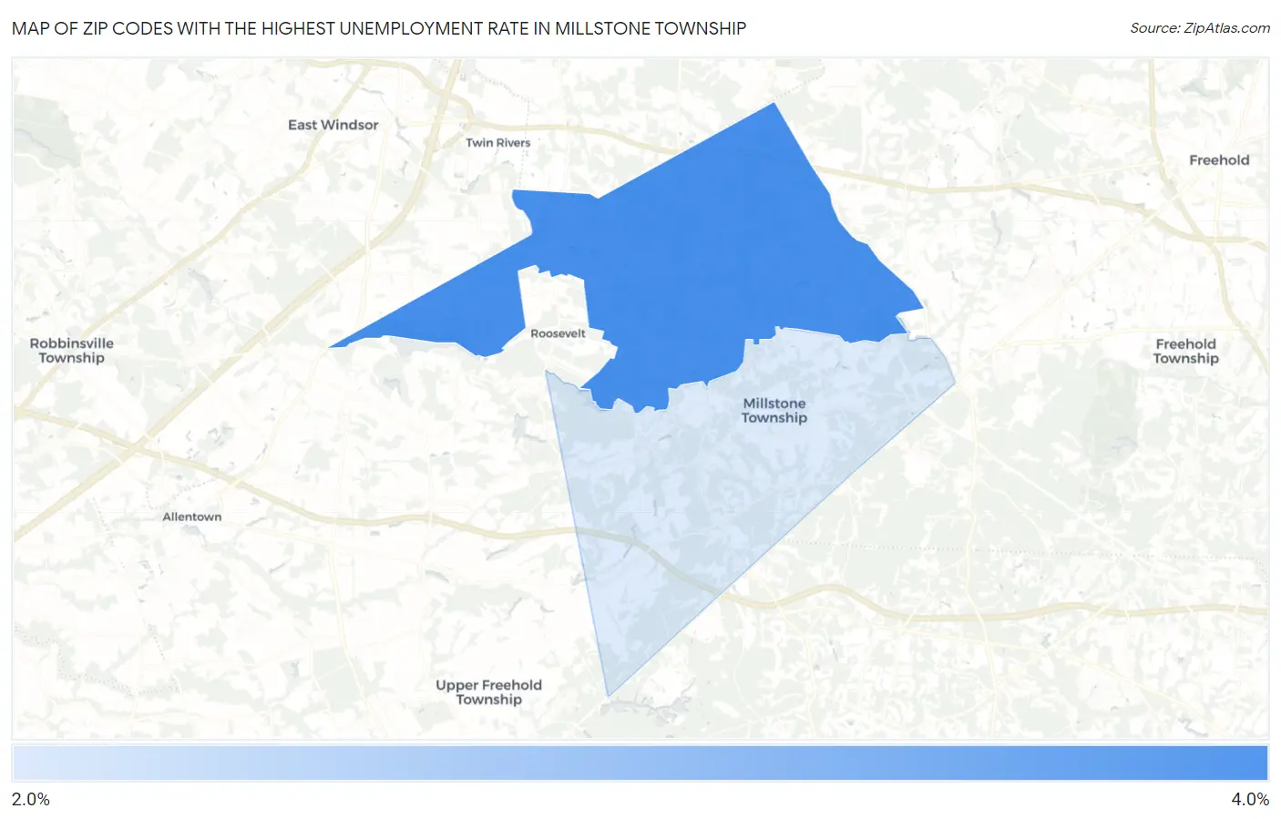 Zip Codes with the Highest Unemployment Rate in Millstone Township Map