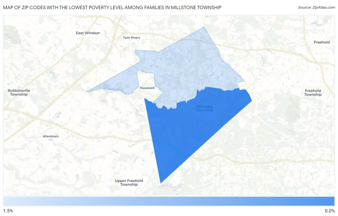 Zip Codes with the Lowest Poverty Level Among Families in Millstone Township Map