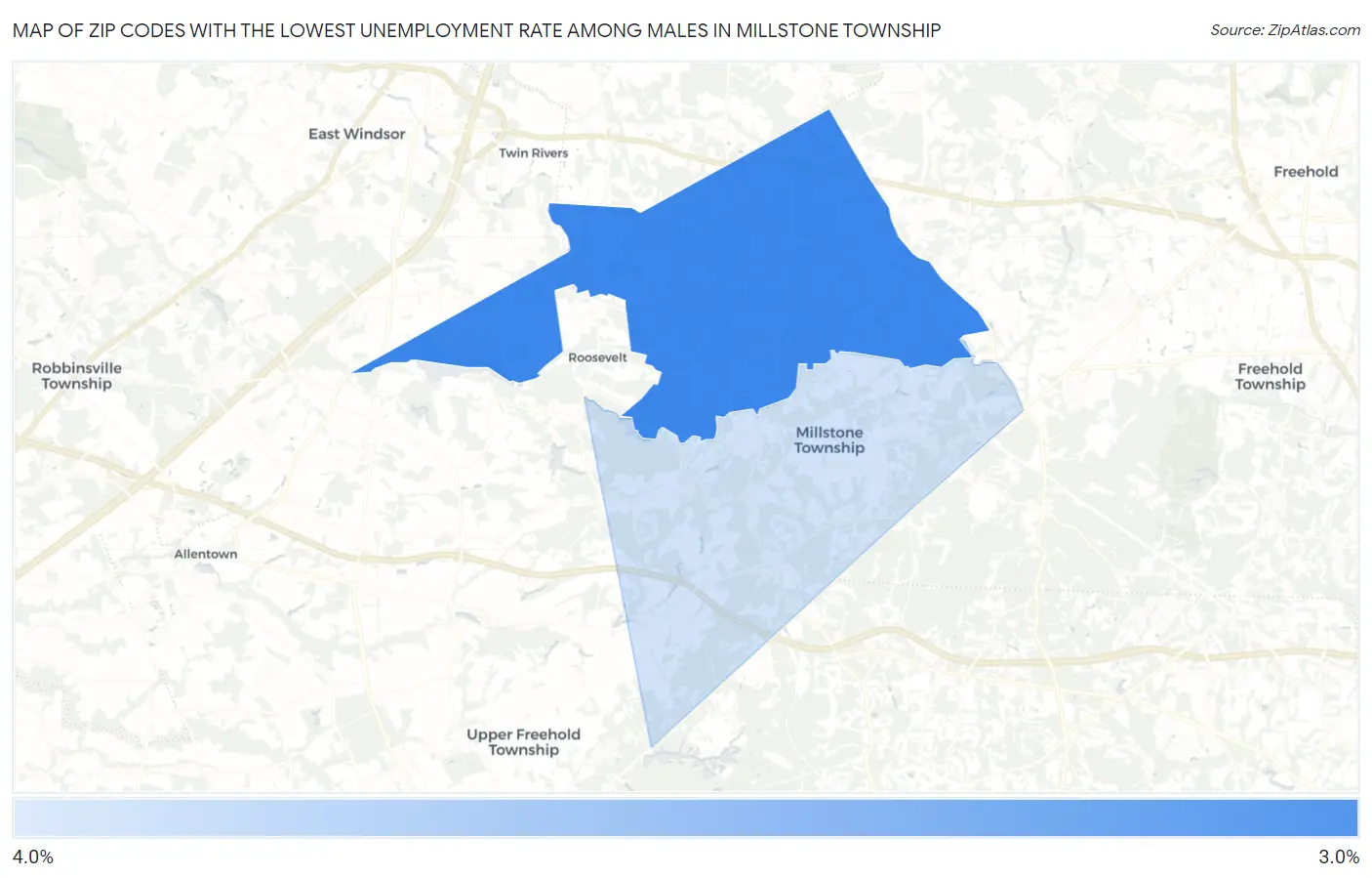 Zip Codes with the Lowest Unemployment Rate Among Males in Millstone Township Map