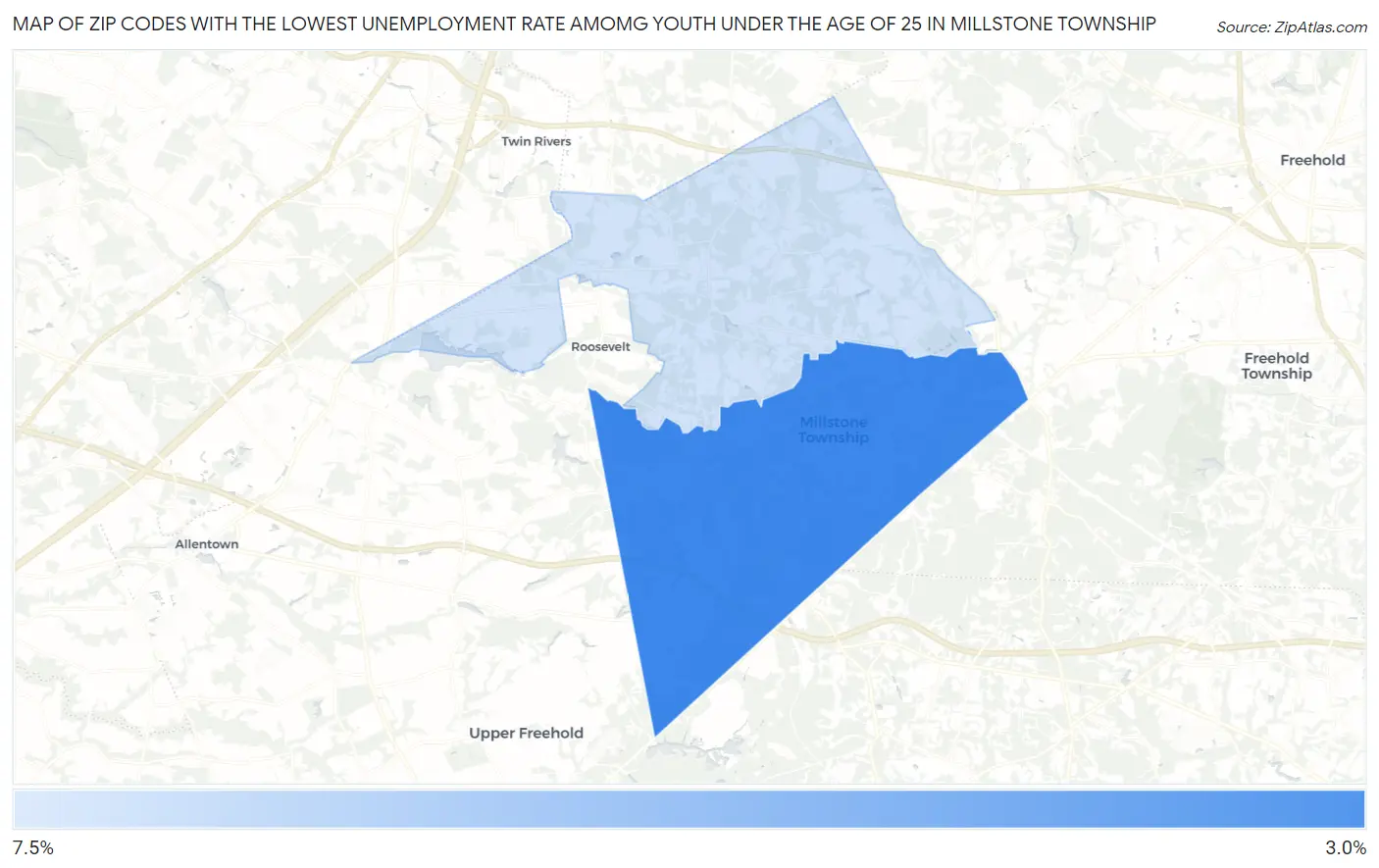Zip Codes with the Lowest Unemployment Rate Amomg Youth Under the Age of 25 in Millstone Township Map
