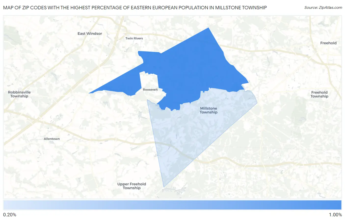 Zip Codes with the Highest Percentage of Eastern European Population in Millstone Township Map